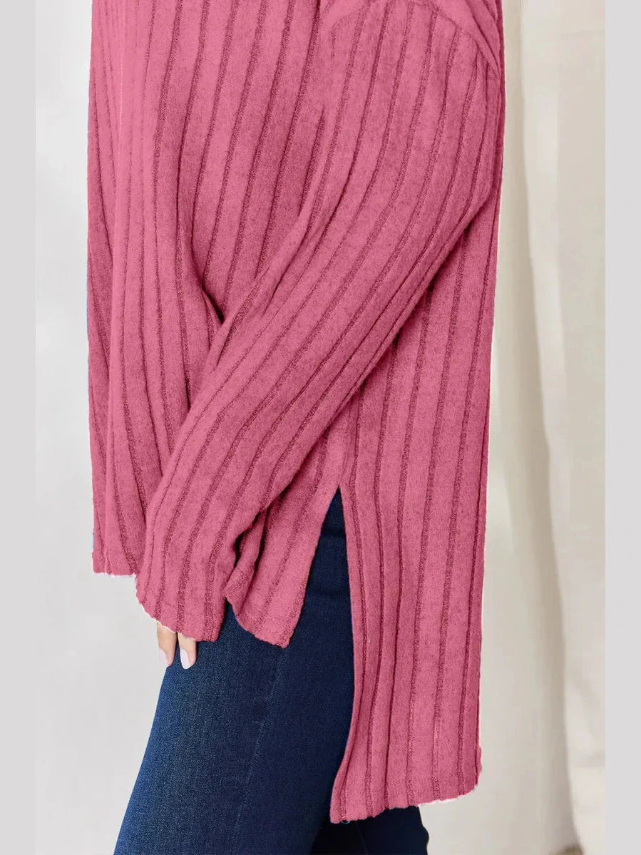 Basic Bae Full Size Ribbed Half Button Long Sleeve High-Low T-Shirt -- 