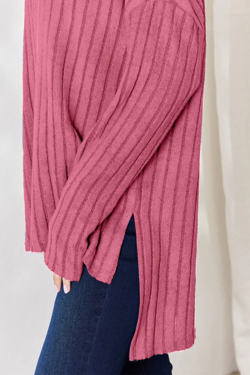 Basic Bae Full Size Ribbed Half Button Long Sleeve High - Low T-Shirt - Hopeford Streams