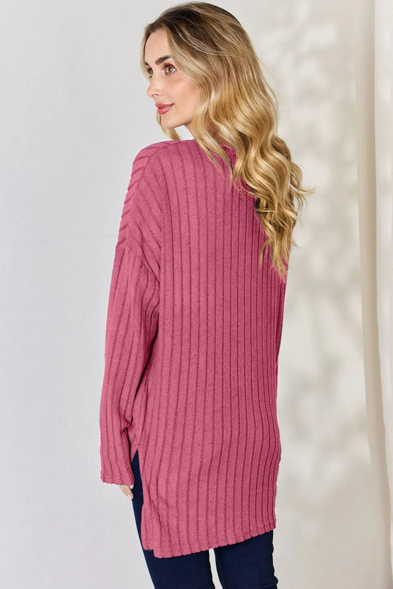 Basic Bae Full Size Ribbed Half Button Long Sleeve High - Low T-Shirt - Hopeford Streams