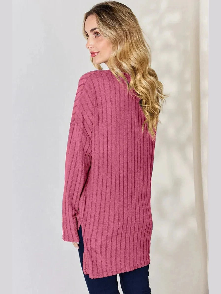 Basic Bae Full Size Ribbed Half Button Long Sleeve High-Low T-Shirt -- 