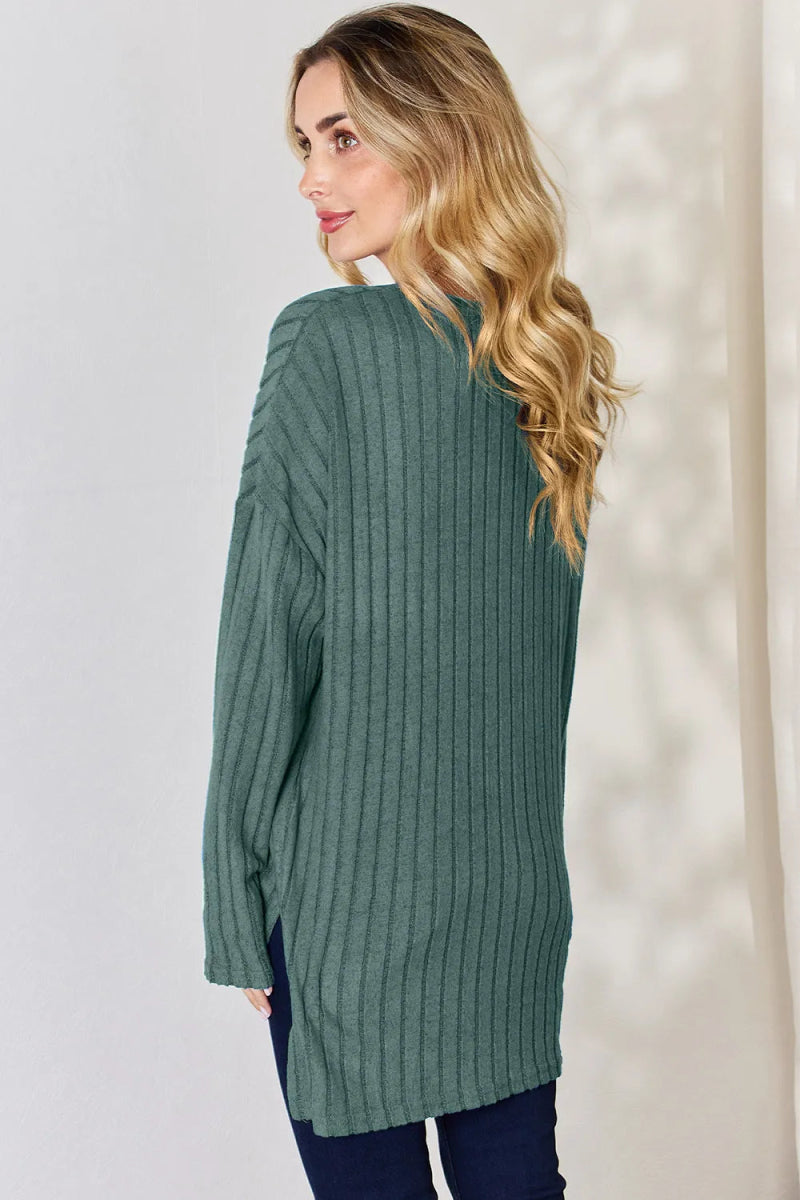Basic Bae Full Size Ribbed Half Button Long Sleeve High - Low T-Shirt - Hopeford Streams