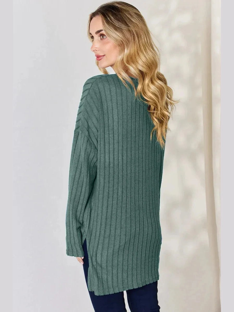 Basic Bae Full Size Ribbed Half Button Long Sleeve High-Low T-Shirt -- 