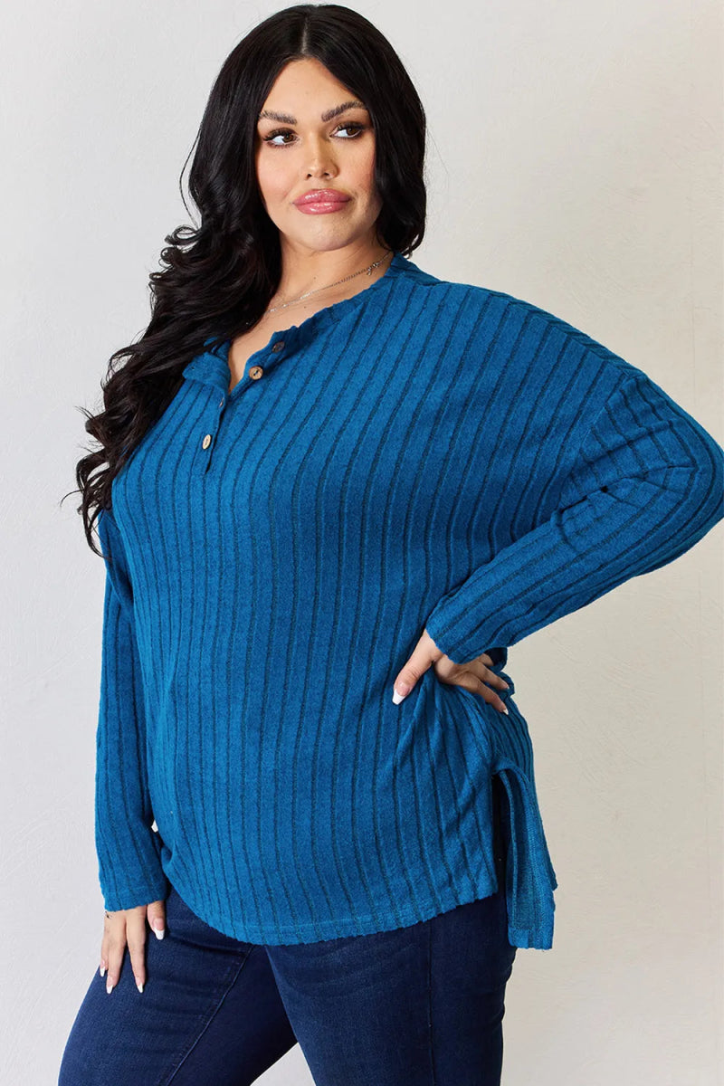 Basic Bae Full Size Ribbed Half Button Long Sleeve High - Low T-Shirt - Hopeford Streams