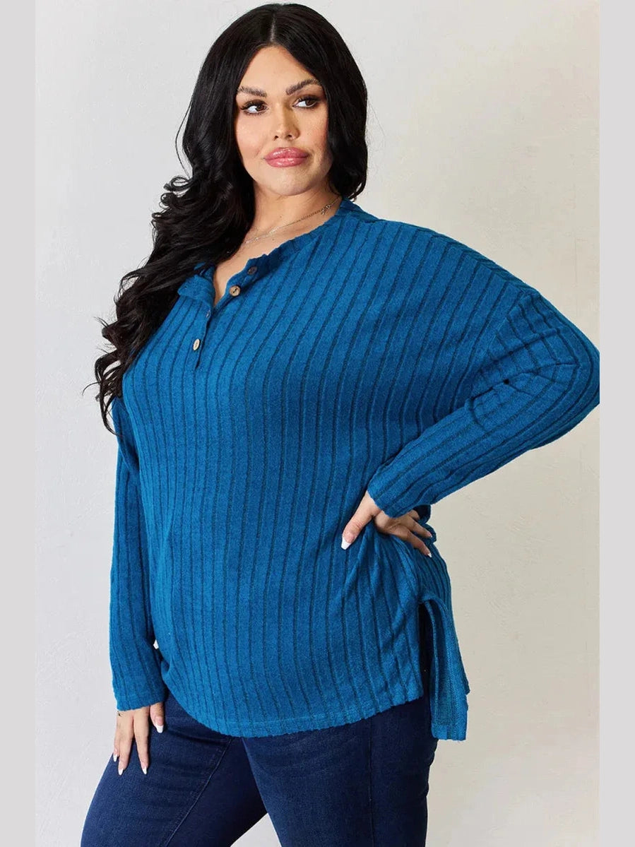 Basic Bae Full Size Ribbed Half Button Long Sleeve High-Low T-Shirt -- 