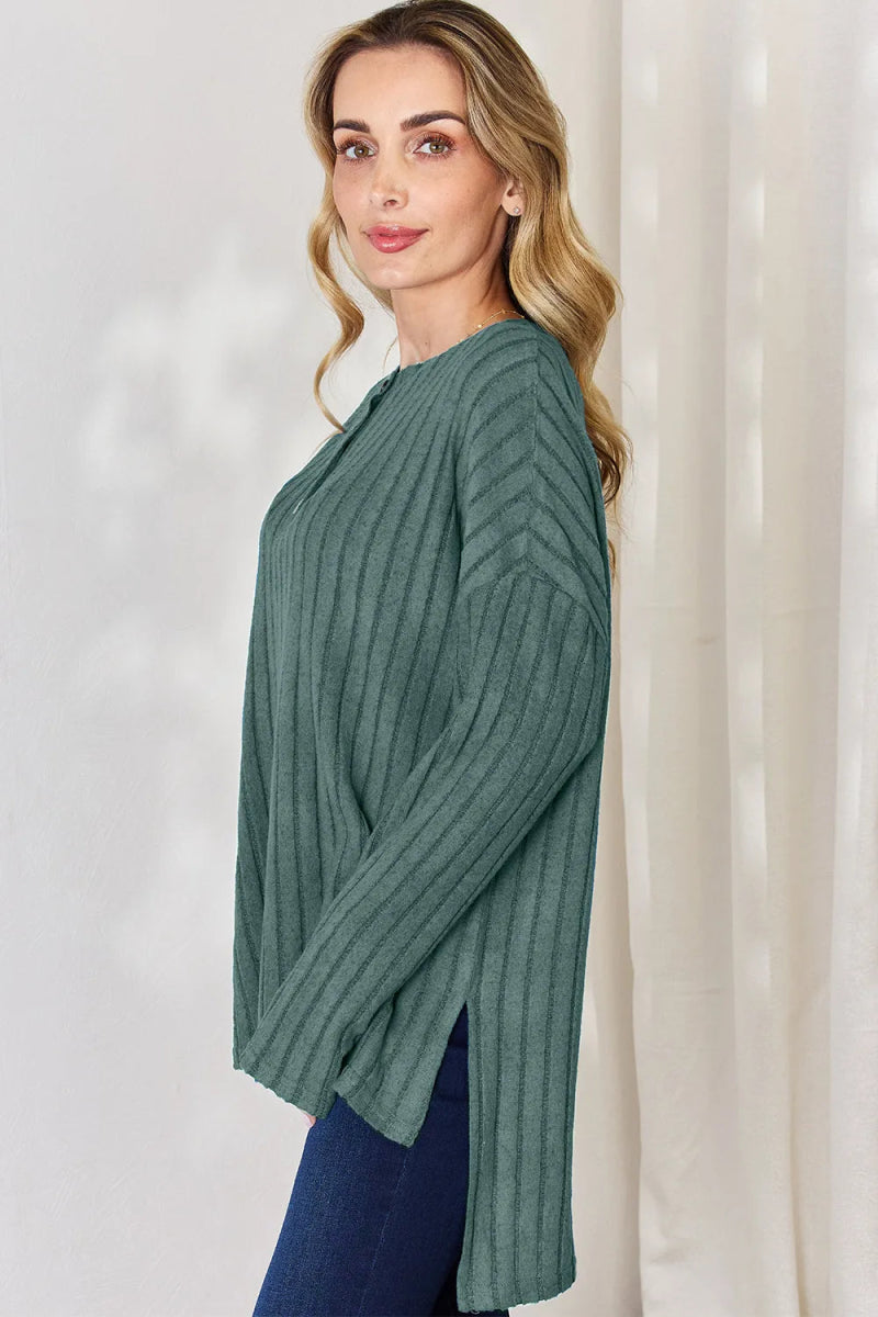 Basic Bae Full Size Ribbed Half Button Long Sleeve High - Low T-Shirt - Hopeford Streams