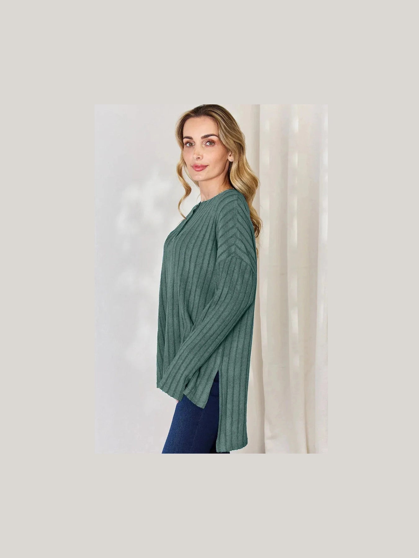 Basic Bae Full Size Ribbed Half Button Long Sleeve High-Low T-Shirt -- 