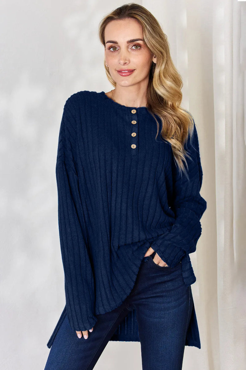 Basic Bae Full Size Ribbed Half Button Long Sleeve High - Low T-Shirt - Hopeford Streams