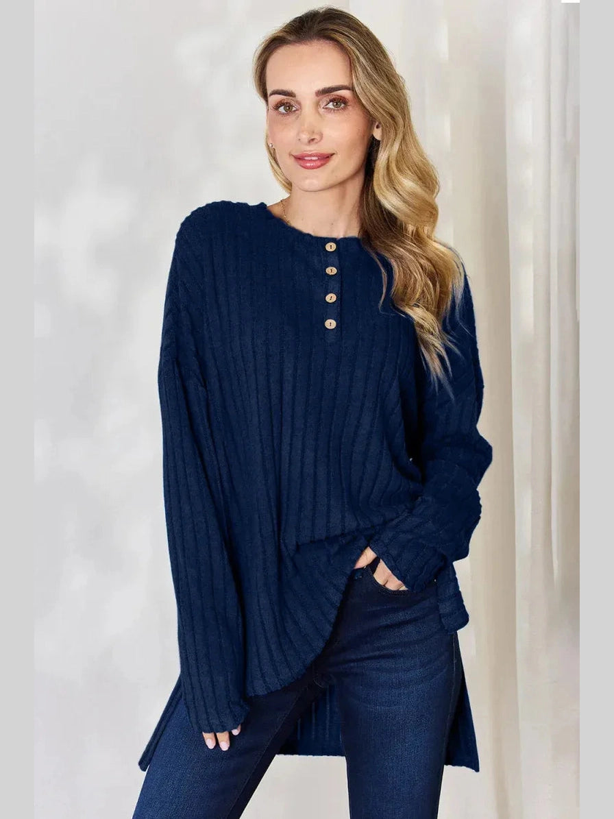 Basic Bae Full Size Ribbed Half Button Long Sleeve High-Low T-Shirt -- 