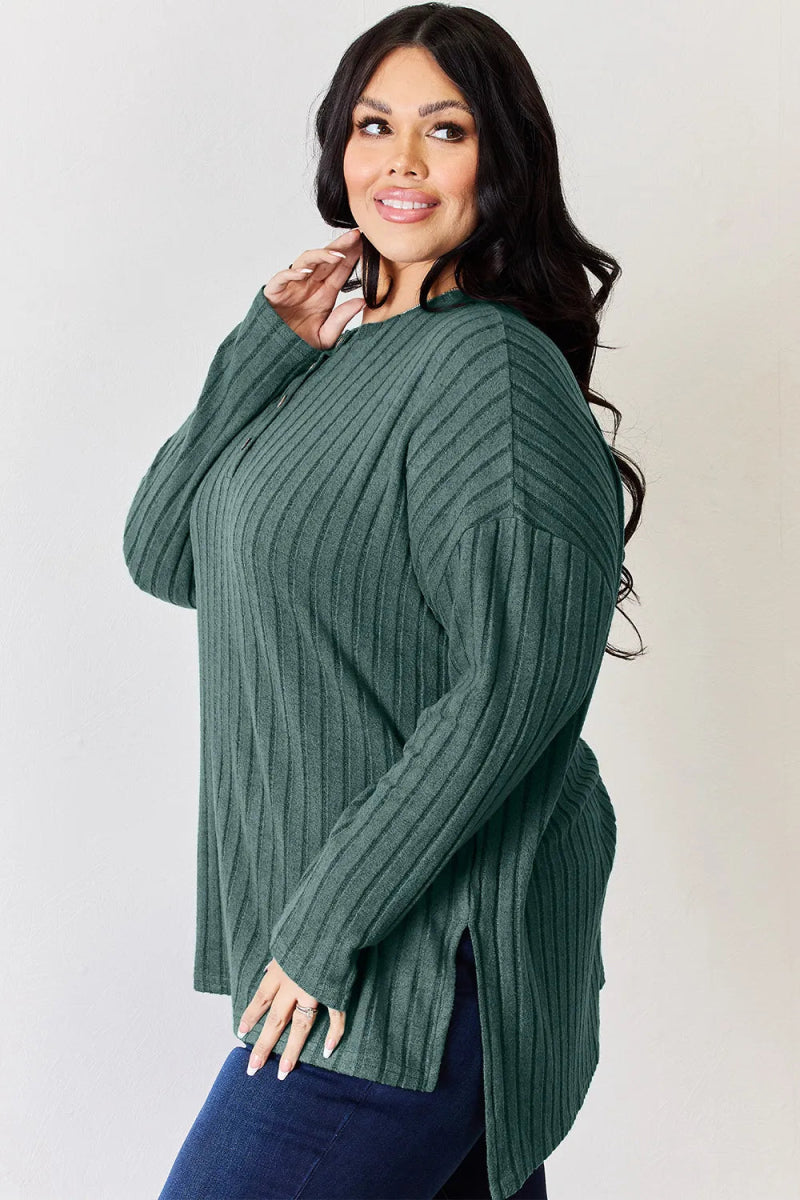 Basic Bae Full Size Ribbed Half Button Long Sleeve High - Low T-Shirt - Hopeford Streams