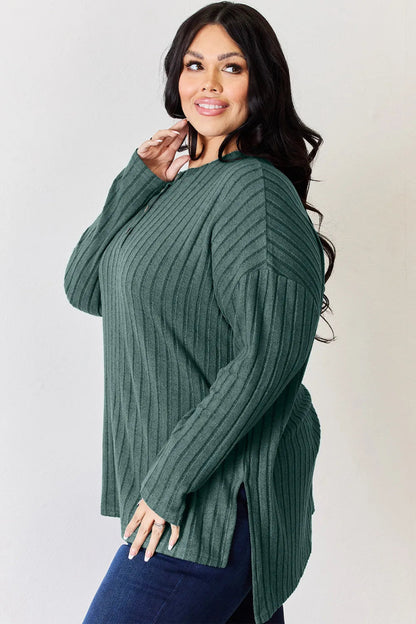 Basic Bae Full Size Ribbed Half Button Long Sleeve High - Low T-Shirt - Hopeford Streams