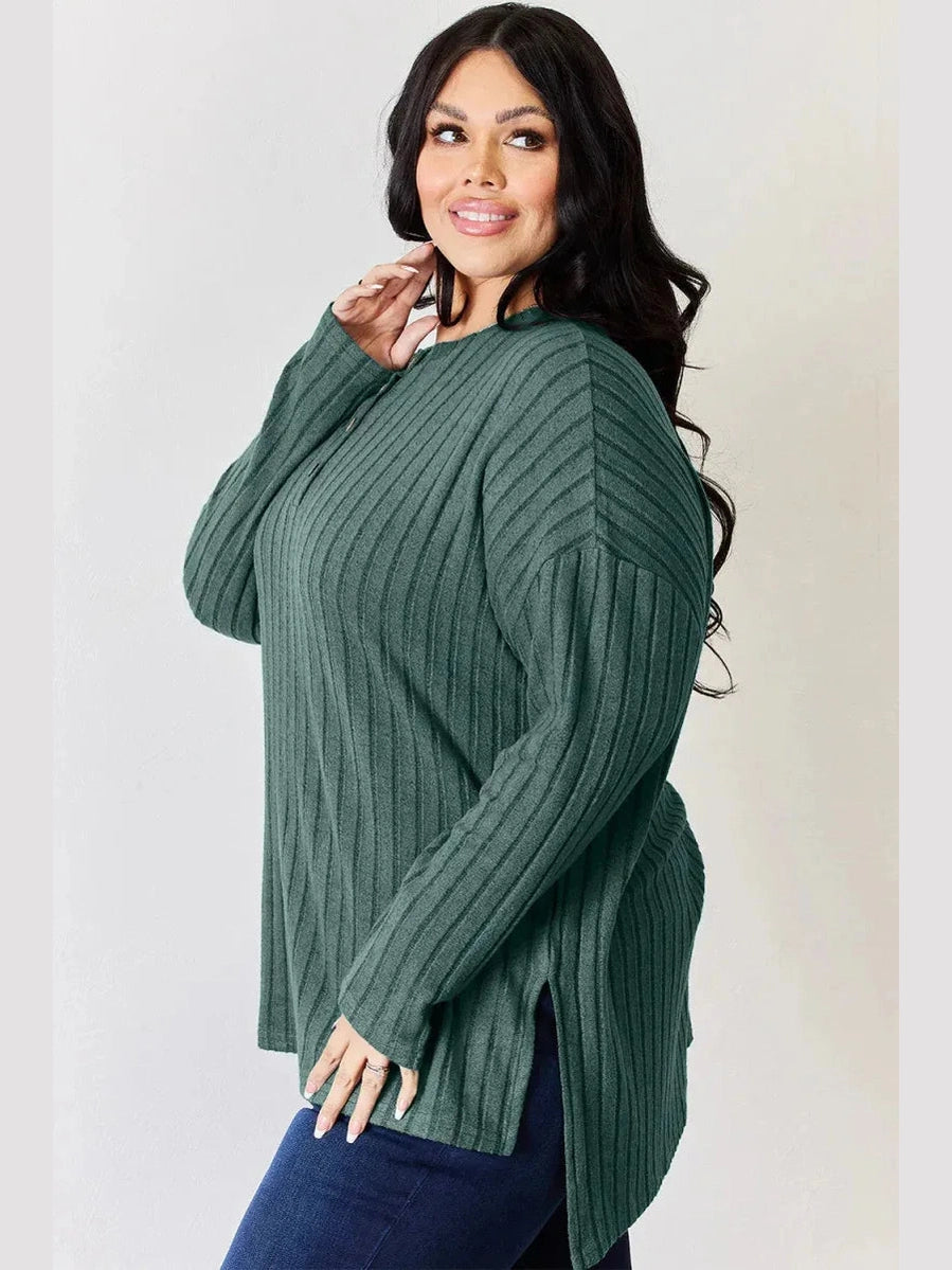 Basic Bae Full Size Ribbed Half Button Long Sleeve High-Low T-Shirt -- 
