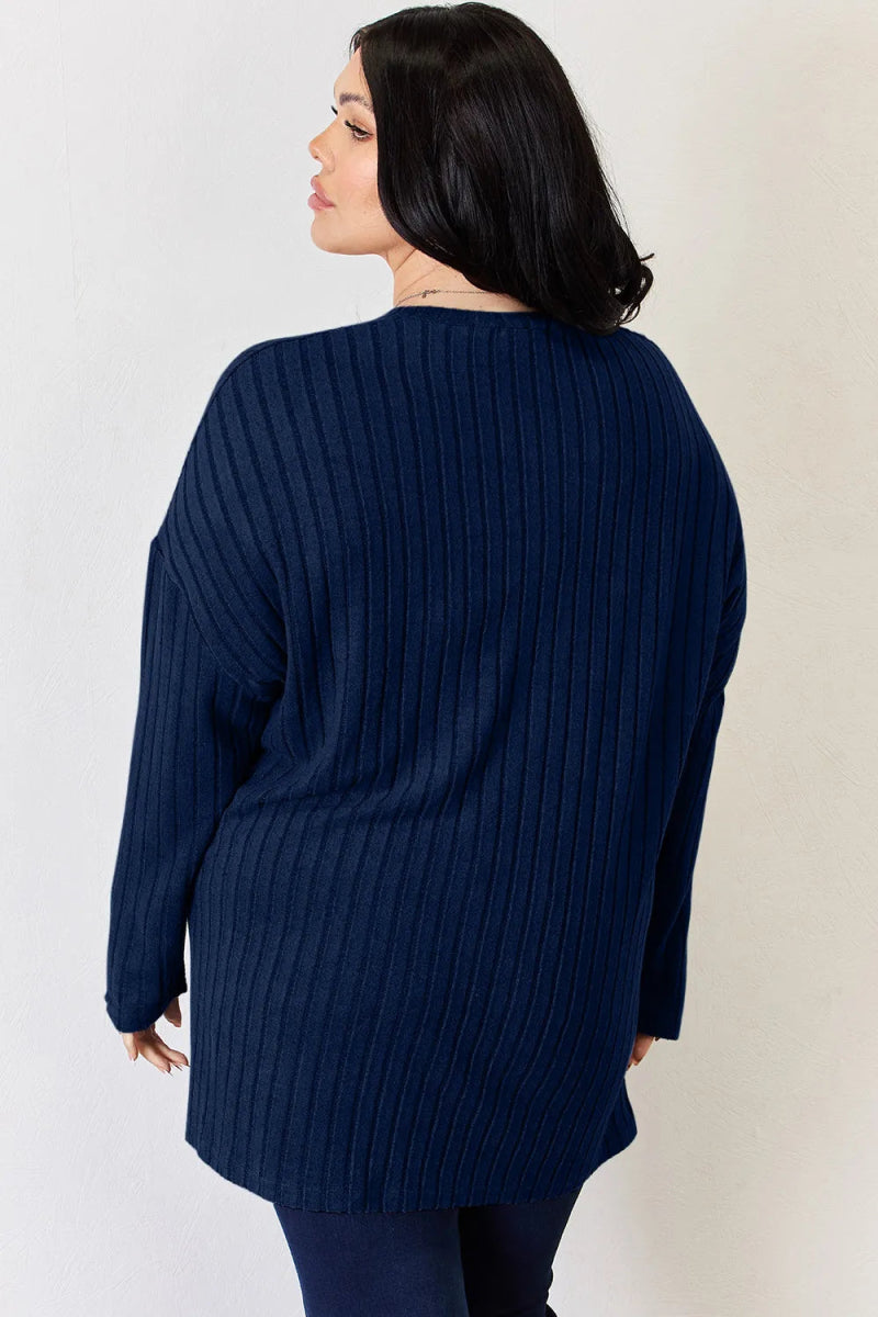 Basic Bae Full Size Ribbed Half Button Long Sleeve High - Low T-Shirt - Hopeford Streams