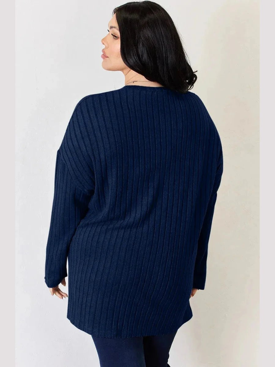 Basic Bae Full Size Ribbed Half Button Long Sleeve High-Low T-Shirt -- 