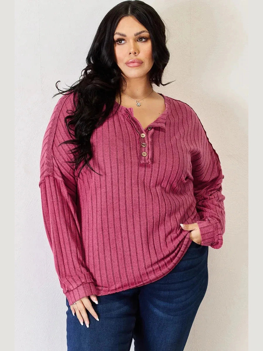 Basic Bae Full Size Ribbed Half Button Long Sleeve High-Low T-Shirt -- 