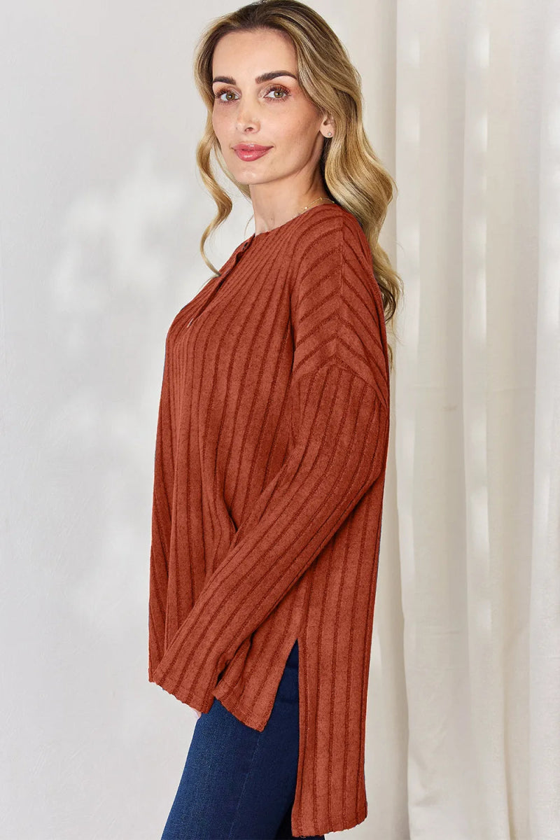 Basic Bae Full Size Ribbed Half Button Long Sleeve High - Low T-Shirt - Hopeford Streams