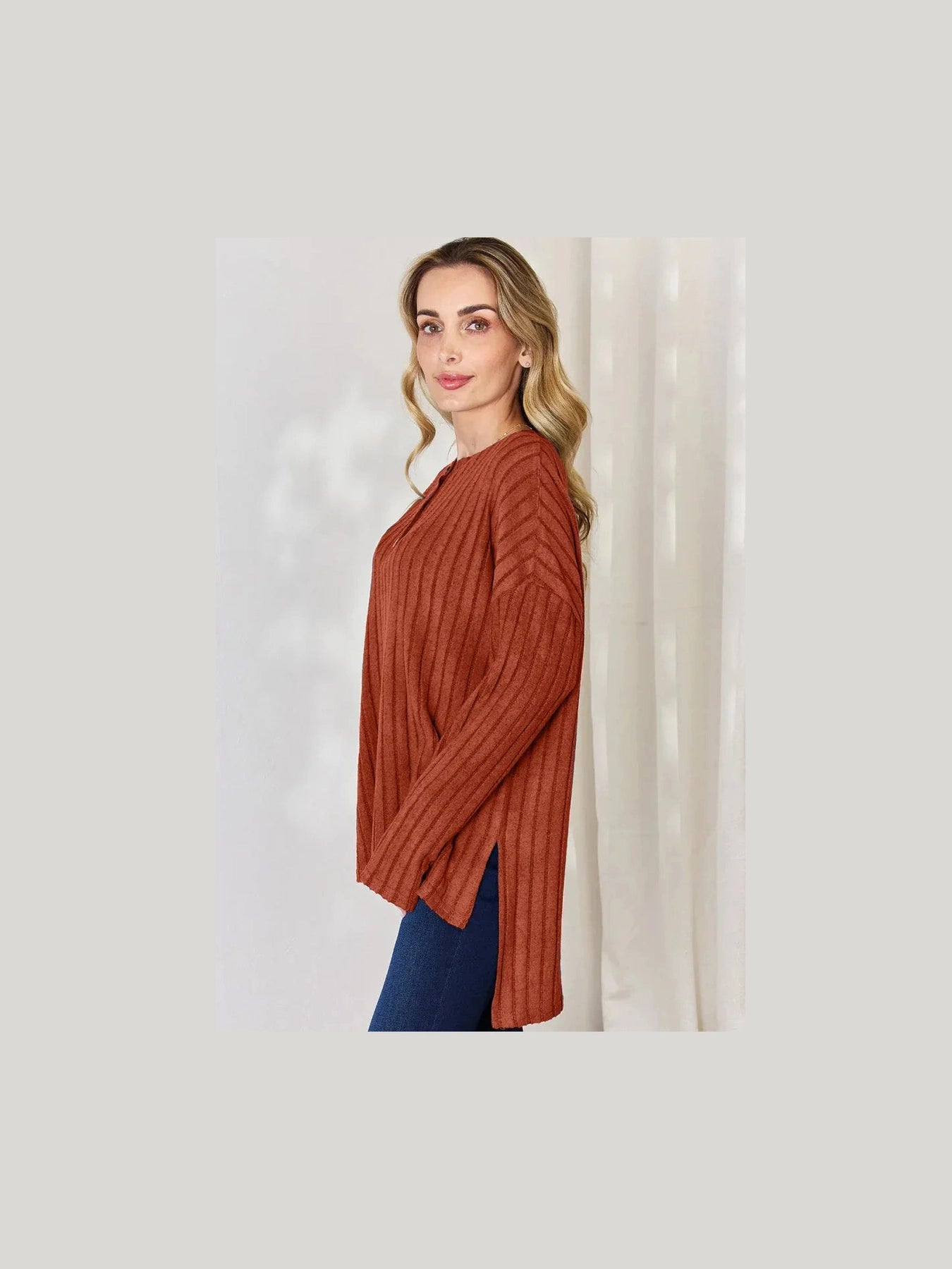 Basic Bae Full Size Ribbed Half Button Long Sleeve High-Low T-Shirt -- 