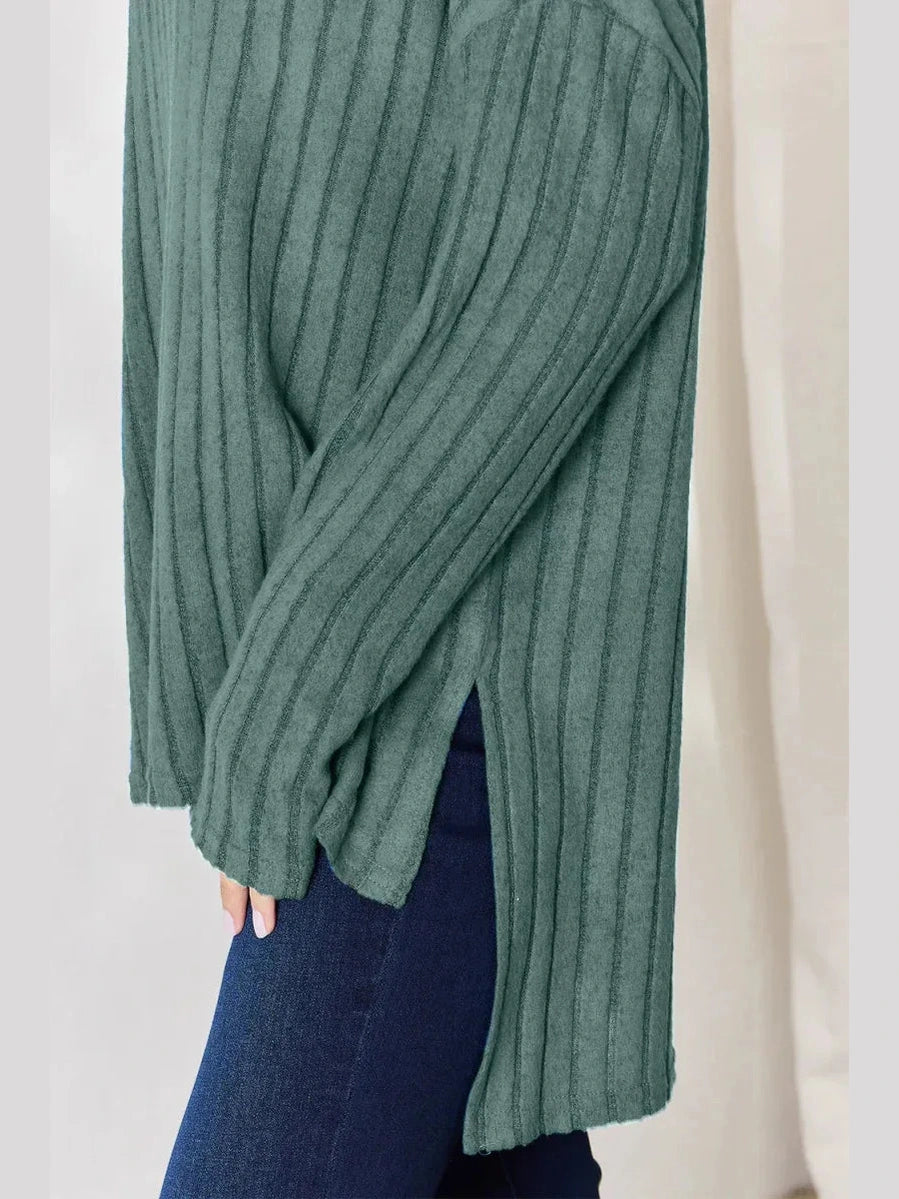 Basic Bae Full Size Ribbed Half Button Long Sleeve High-Low T-Shirt -- 