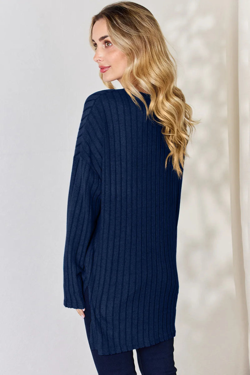 Basic Bae Full Size Ribbed Half Button Long Sleeve High - Low T-Shirt - Hopeford Streams