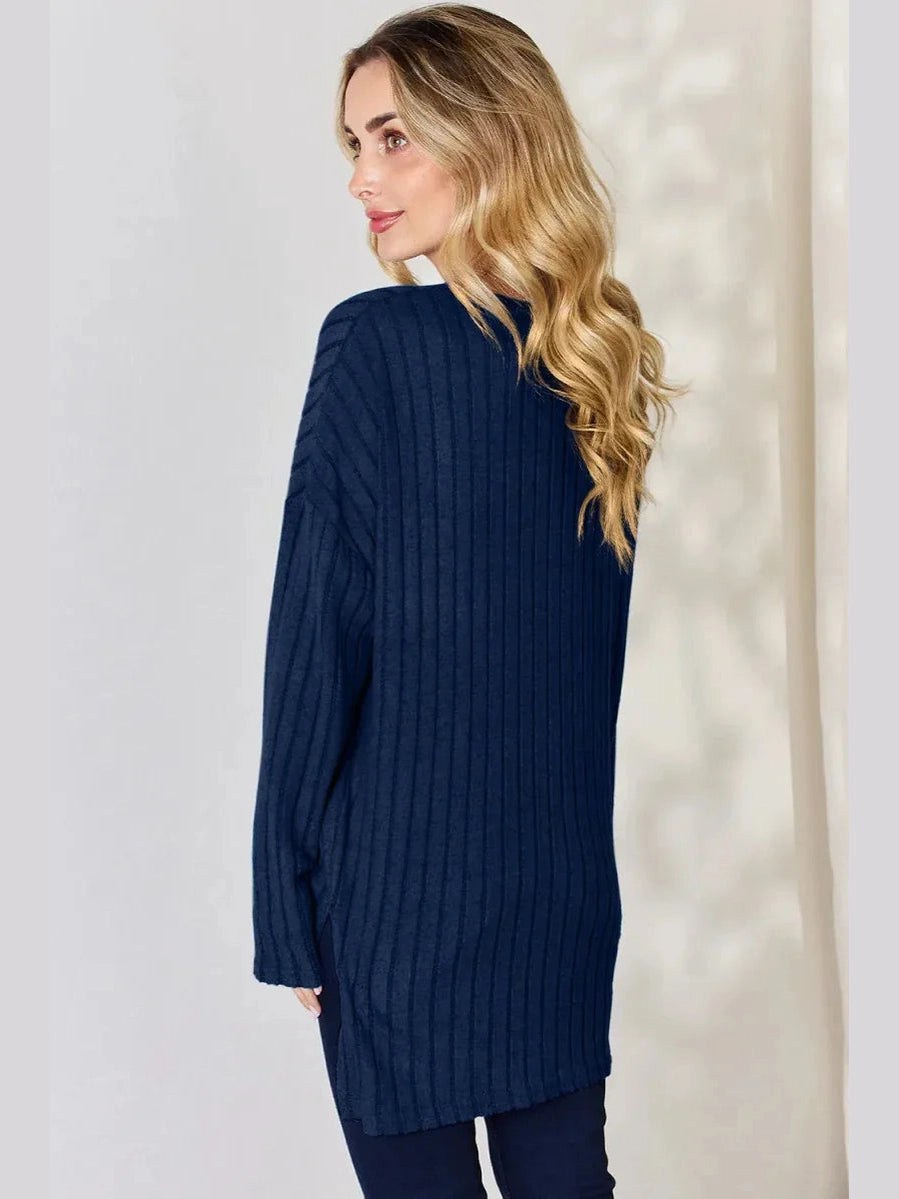 Basic Bae Full Size Ribbed Half Button Long Sleeve High-Low T-Shirt -- 