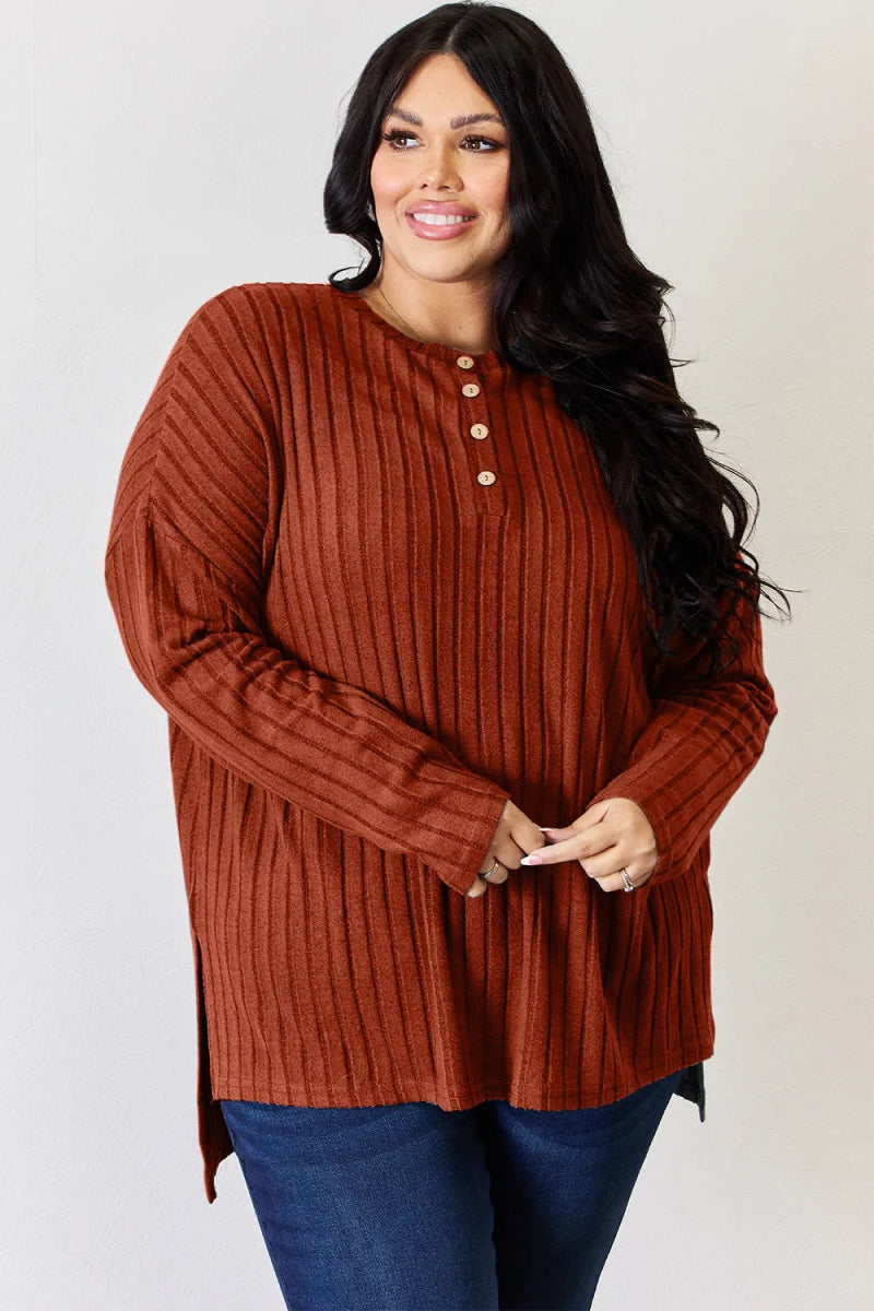 Basic Bae Full Size Ribbed Half Button Long Sleeve High - Low T-Shirt - Hopeford Streams