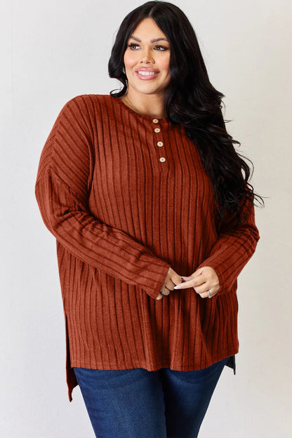 Basic Bae Full Size Ribbed Half Button Long Sleeve High - Low T-Shirt - Hopeford Streams