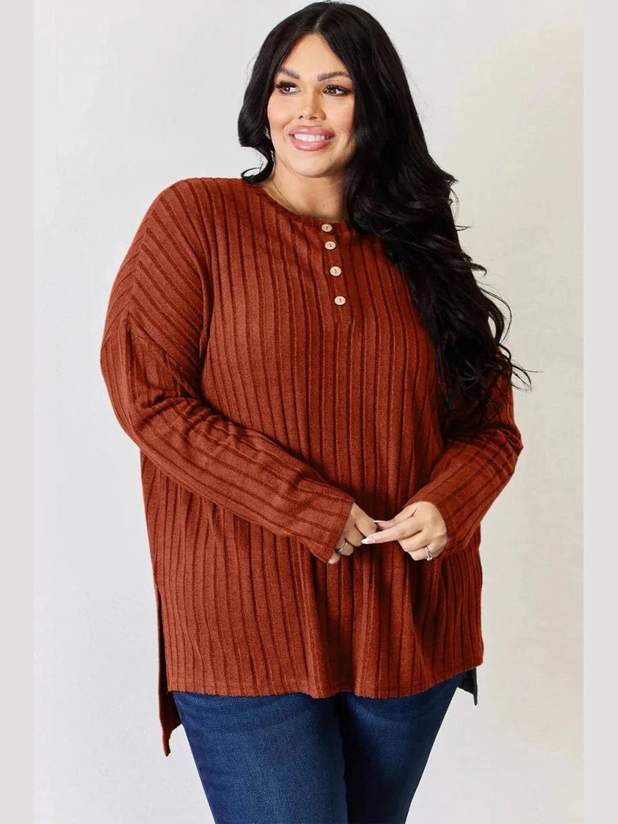 Basic Bae Full Size Ribbed Half Button Long Sleeve High-Low T-Shirt -- 