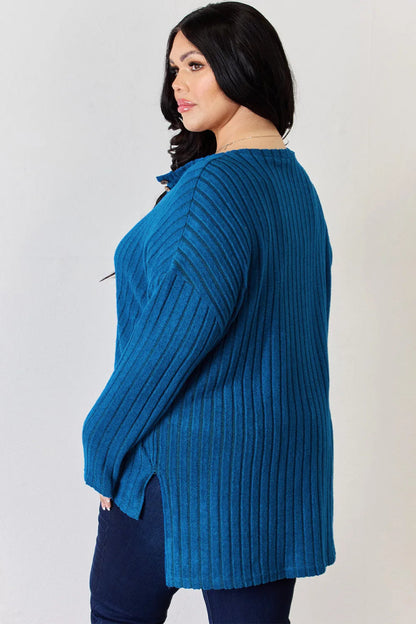 Basic Bae Full Size Ribbed Half Button Long Sleeve High - Low T-Shirt - Hopeford Streams