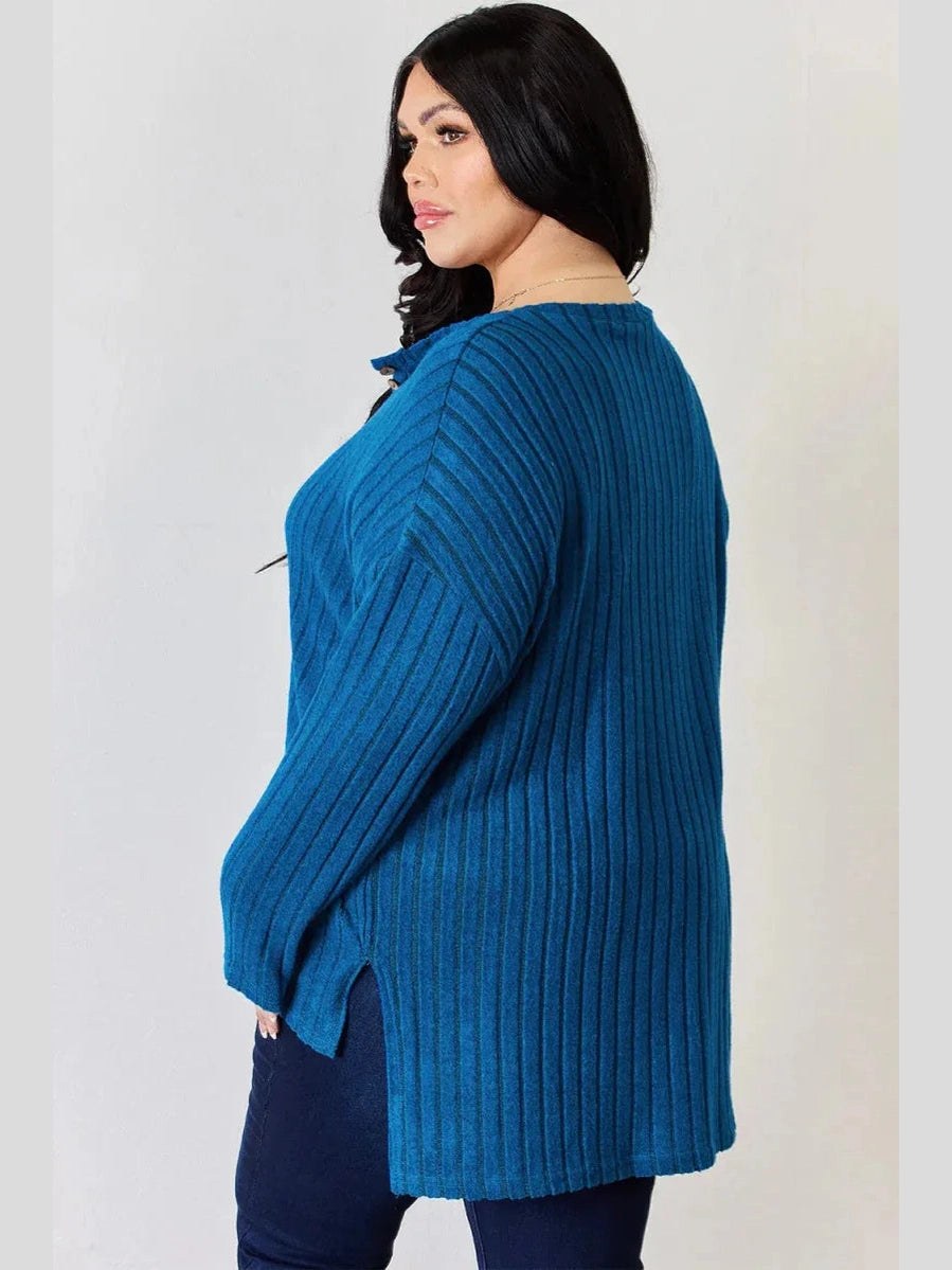 Basic Bae Full Size Ribbed Half Button Long Sleeve High-Low T-Shirt -- 