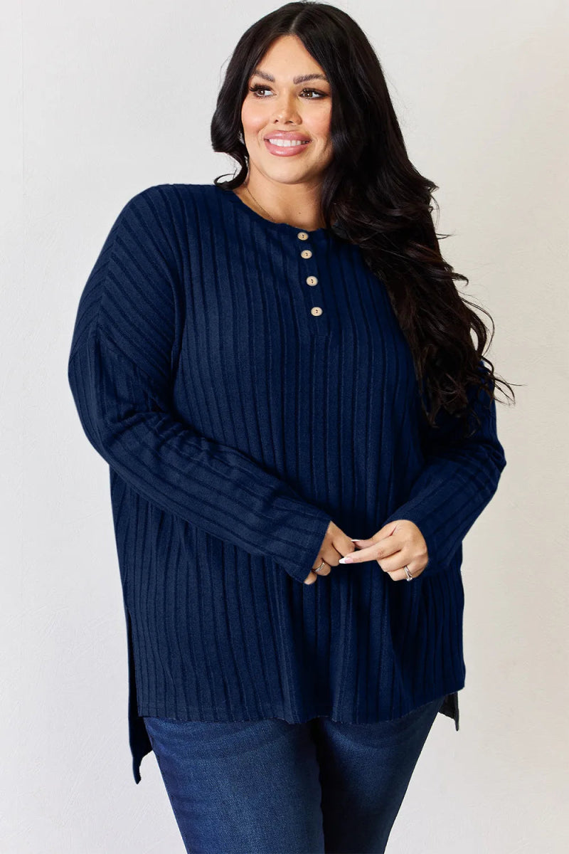 Basic Bae Full Size Ribbed Half Button Long Sleeve High - Low T-Shirt - Hopeford Streams