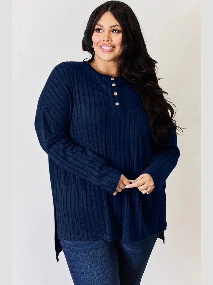 Basic Bae Full Size Ribbed Half Button Long Sleeve High-Low T-Shirt -- 
