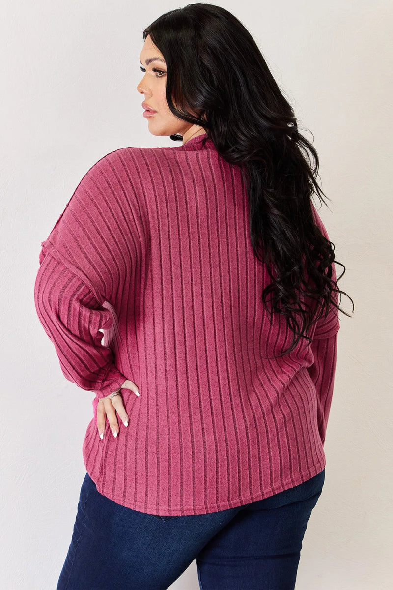 Basic Bae Full Size Ribbed Half Button Long Sleeve High - Low T-Shirt - Hopeford Streams