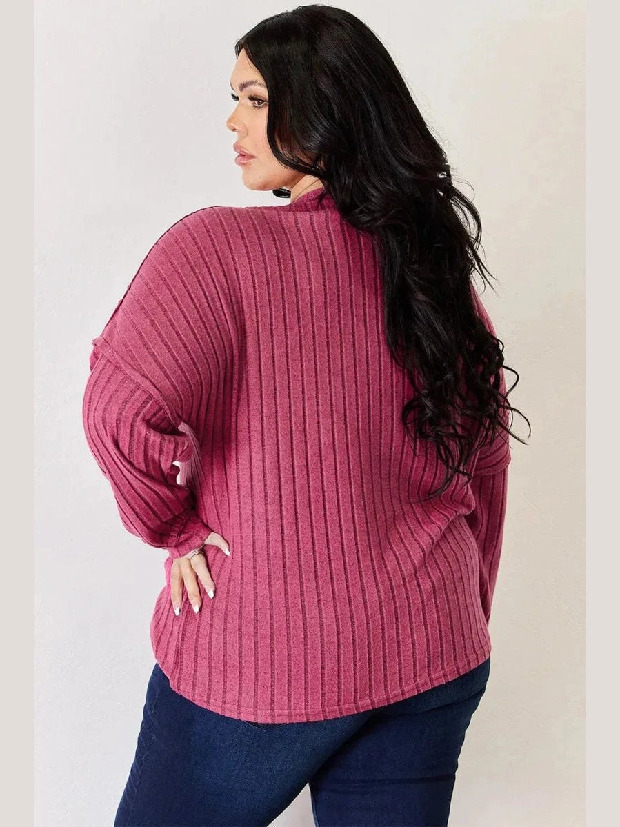 Basic Bae Full Size Ribbed Half Button Long Sleeve High-Low T-Shirt -- 