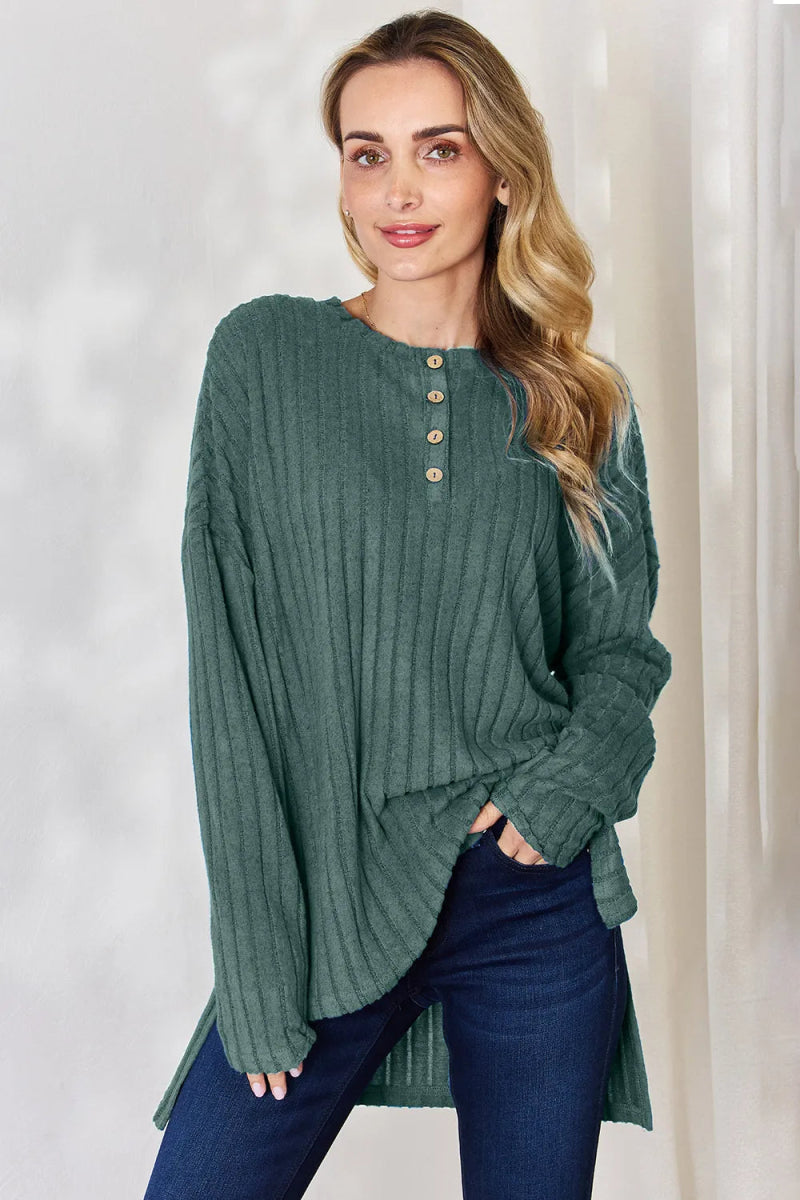 Basic Bae Full Size Ribbed Half Button Long Sleeve High - Low T-Shirt - Hopeford Streams