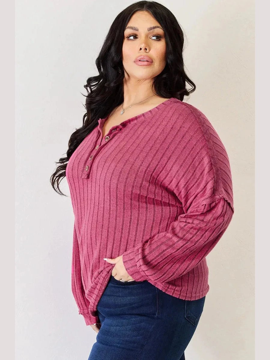 Basic Bae Full Size Ribbed Half Button Long Sleeve High-Low T-Shirt -- 