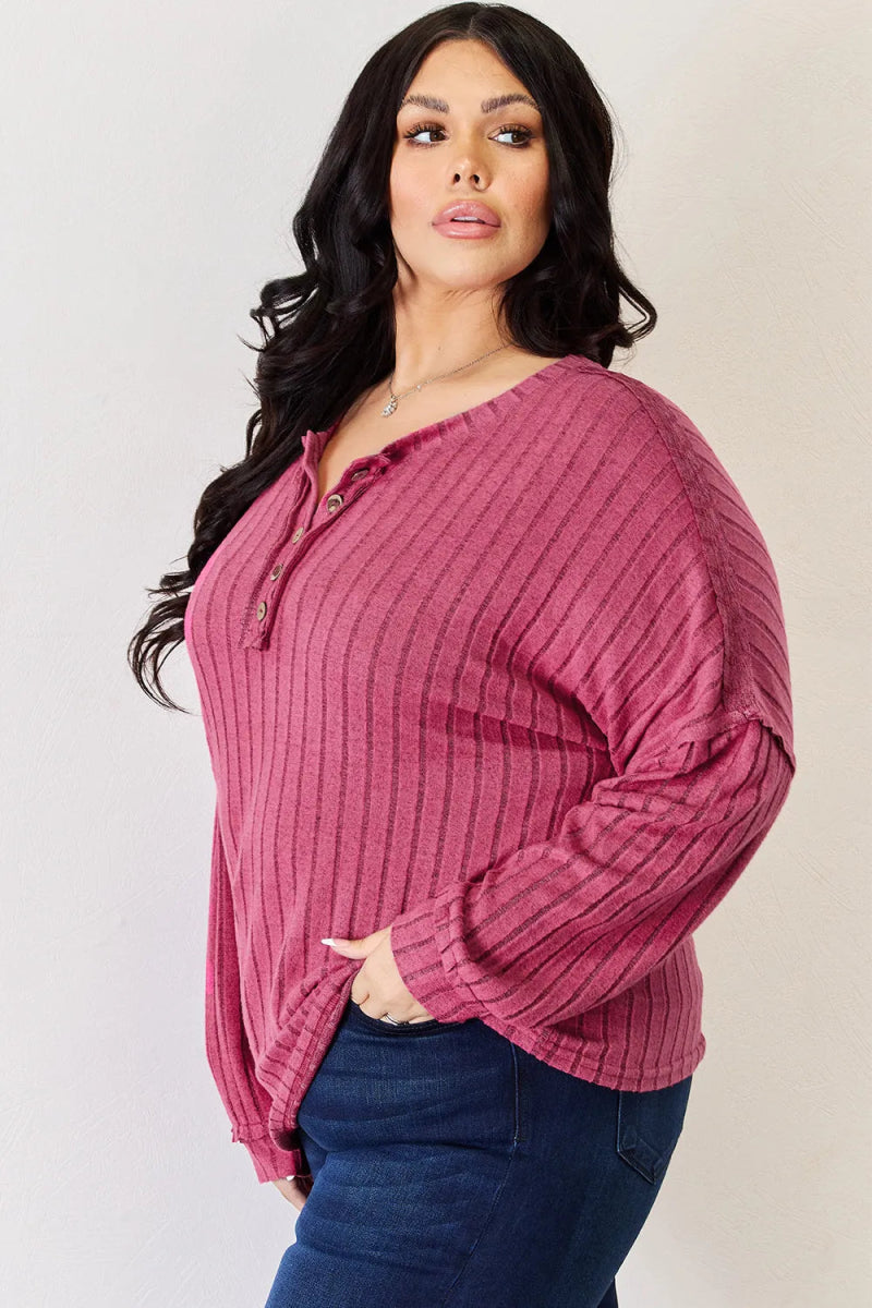 Basic Bae Full Size Ribbed Half Button Long Sleeve High - Low T-Shirt - Hopeford Streams