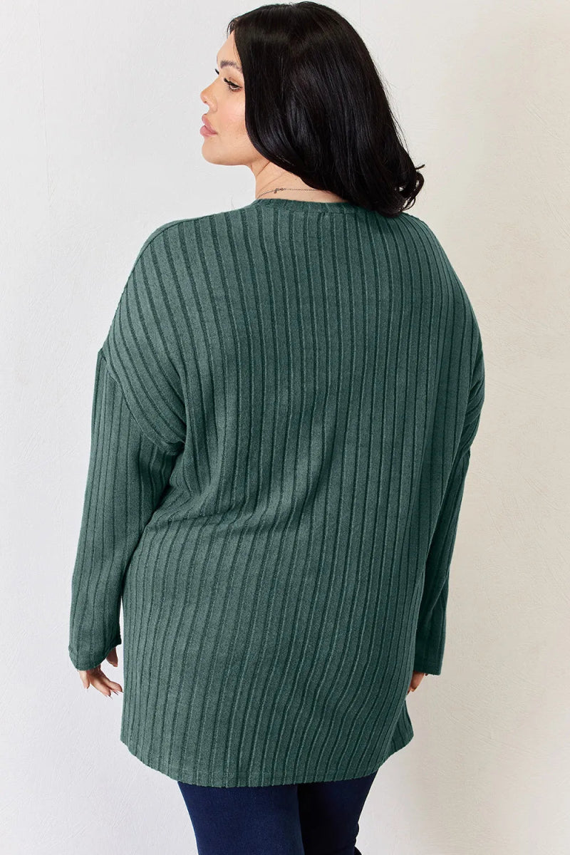 Basic Bae Full Size Ribbed Half Button Long Sleeve High - Low T-Shirt - Hopeford Streams