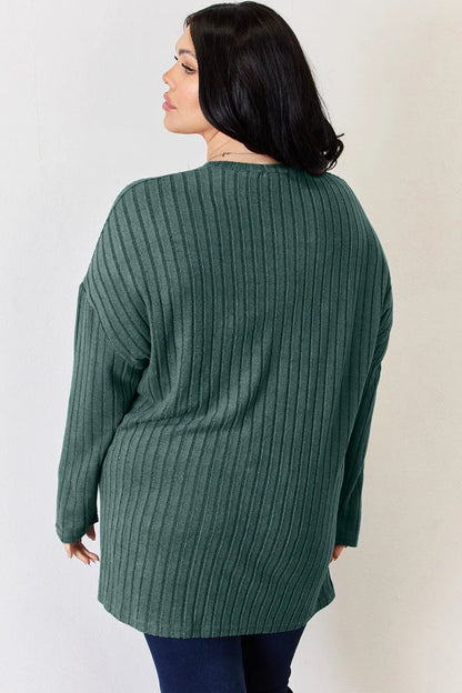 Basic Bae Full Size Ribbed Half Button Long Sleeve High - Low T-Shirt - Hopeford Streams