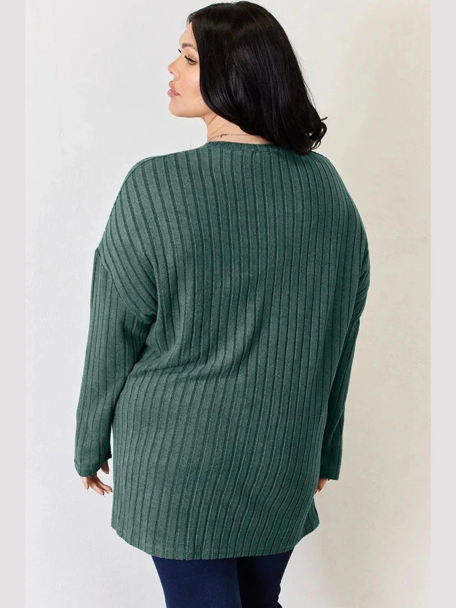 Basic Bae Full Size Ribbed Half Button Long Sleeve High-Low T-Shirt -- 