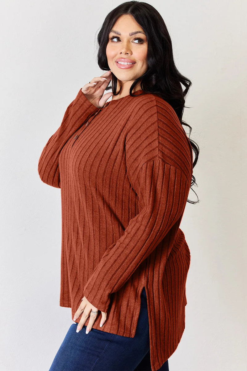 Basic Bae Full Size Ribbed Half Button Long Sleeve High - Low T-Shirt - Hopeford Streams