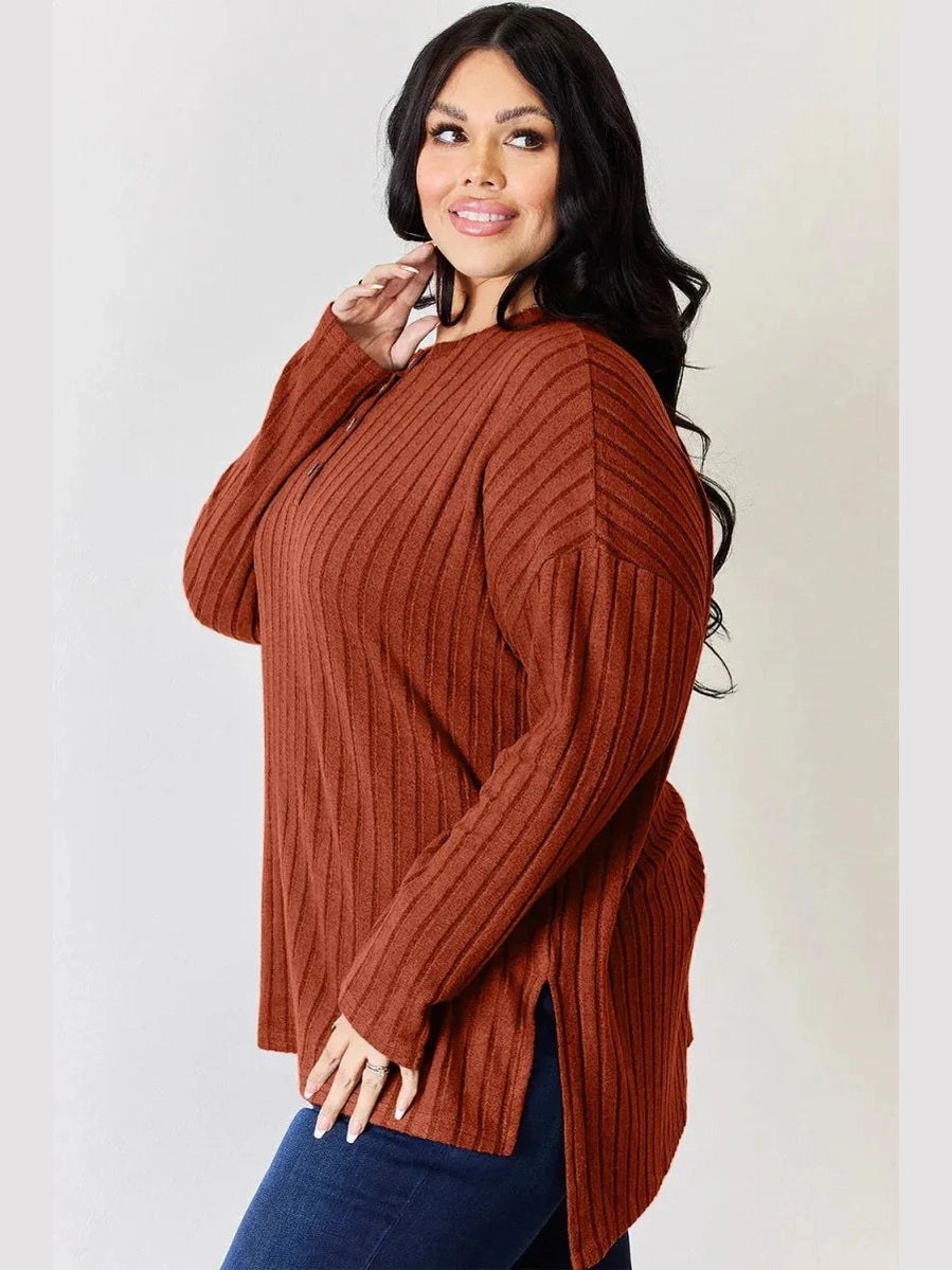 Basic Bae Full Size Ribbed Half Button Long Sleeve High-Low T-Shirt -- 