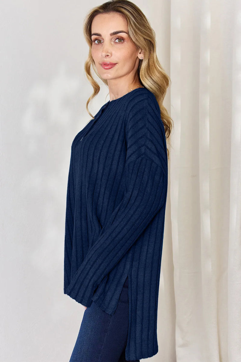 Basic Bae Full Size Ribbed Half Button Long Sleeve High - Low T-Shirt - Hopeford Streams