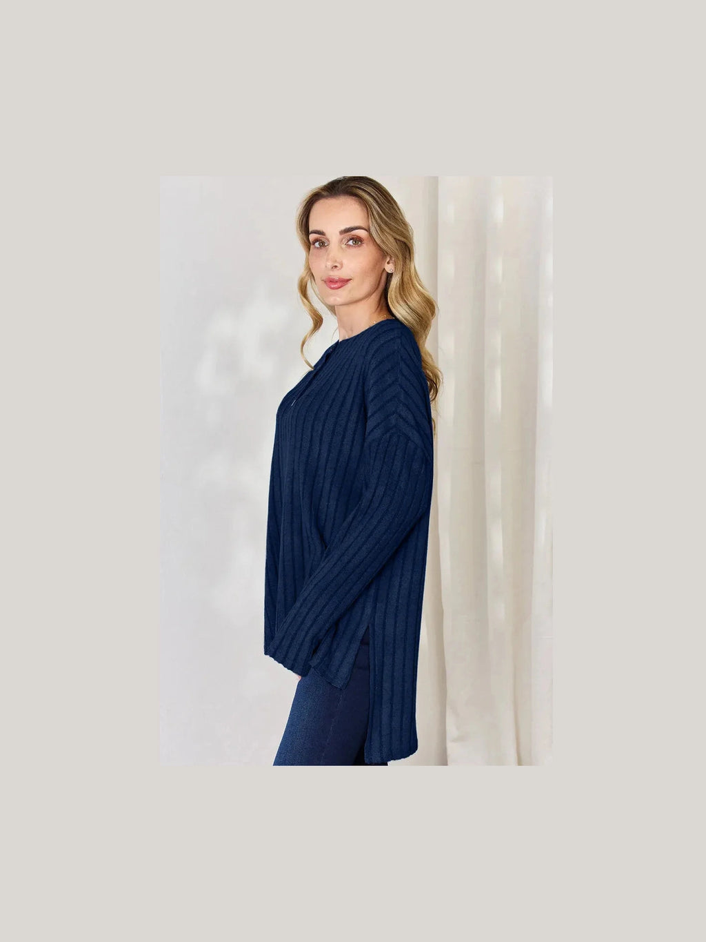 Basic Bae Full Size Ribbed Half Button Long Sleeve High-Low T-Shirt -- 
