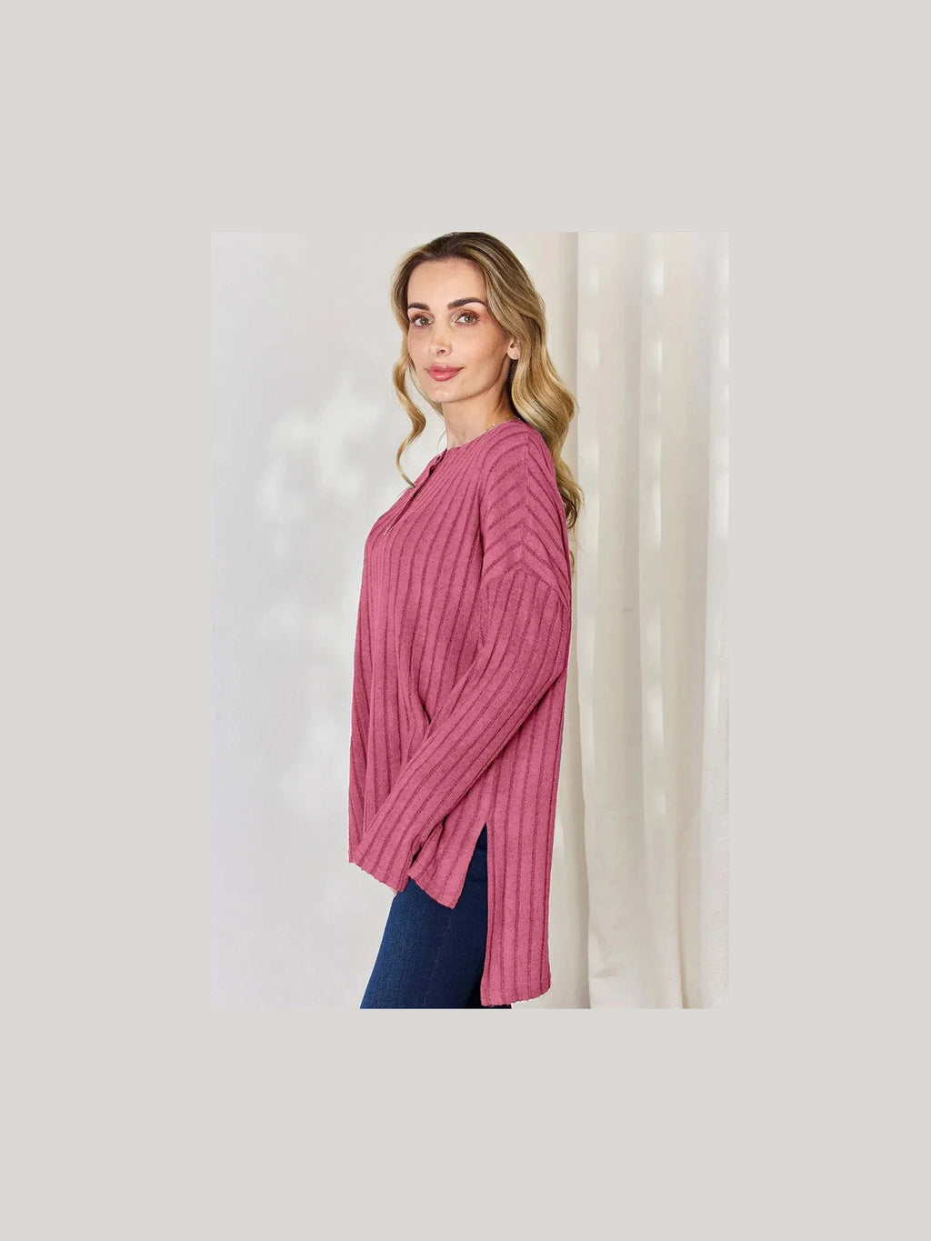 Basic Bae Full Size Ribbed Half Button Long Sleeve High-Low T-Shirt -- 