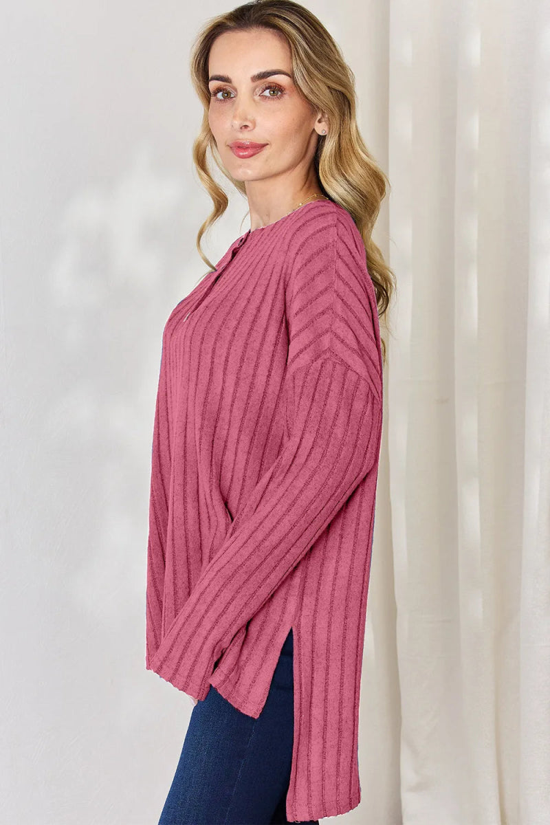 Basic Bae Full Size Ribbed Half Button Long Sleeve High - Low T-Shirt - Hopeford Streams