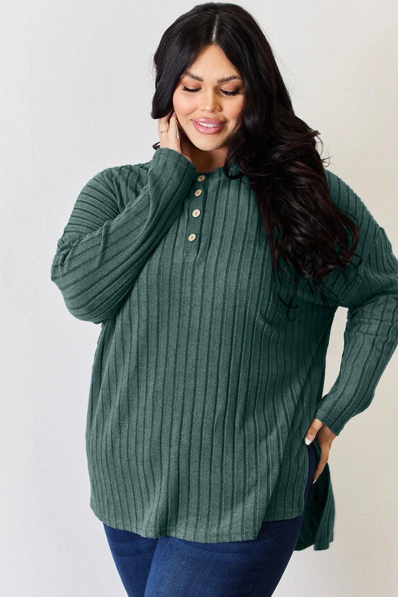 Basic Bae Full Size Ribbed Half Button Long Sleeve High - Low T-Shirt - Hopeford Streams