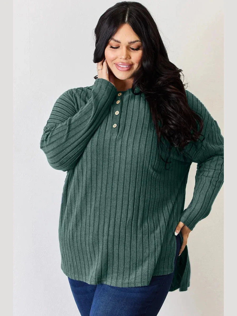 Basic Bae Full Size Ribbed Half Button Long Sleeve High-Low T-Shirt -- 