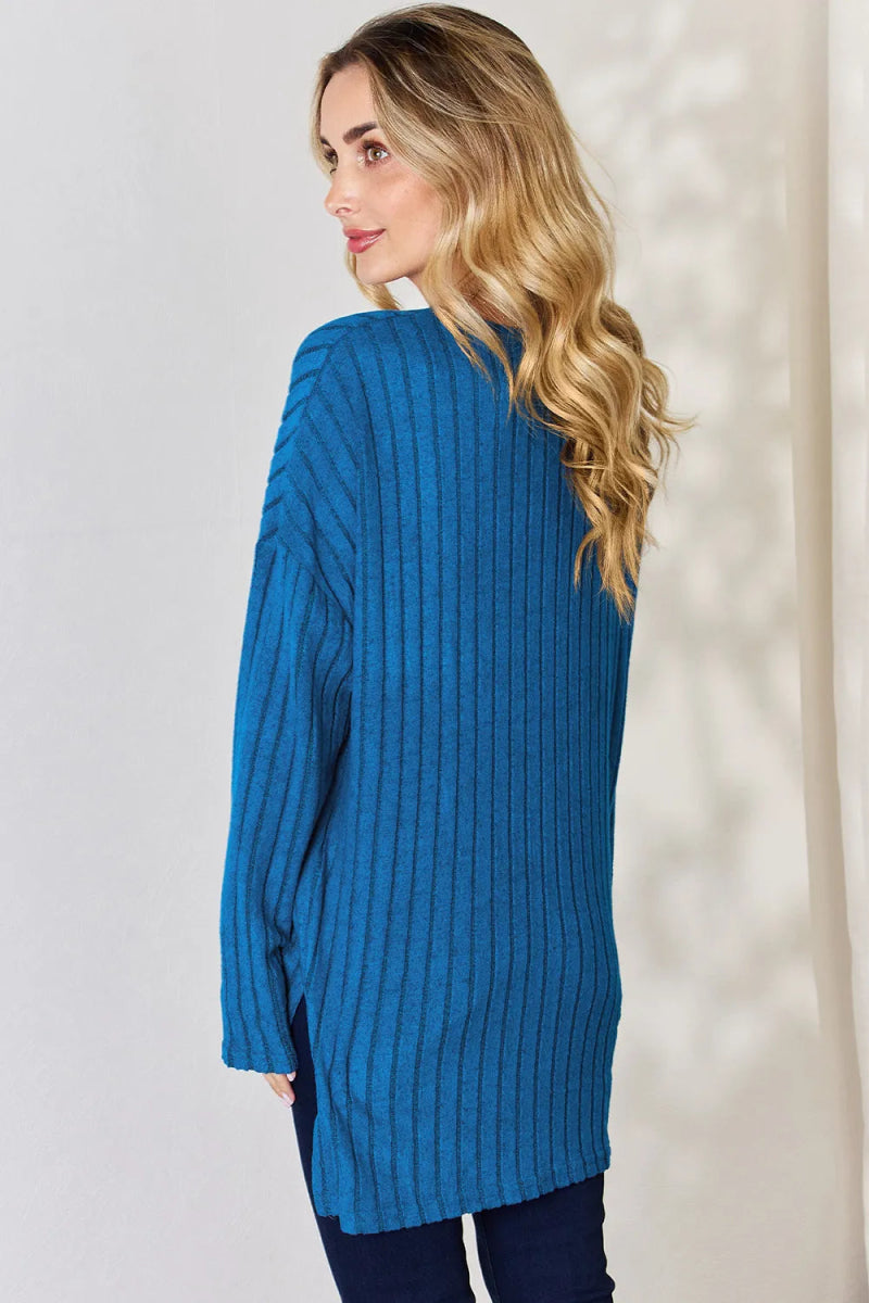 Basic Bae Full Size Ribbed Half Button Long Sleeve High - Low T-Shirt - Hopeford Streams