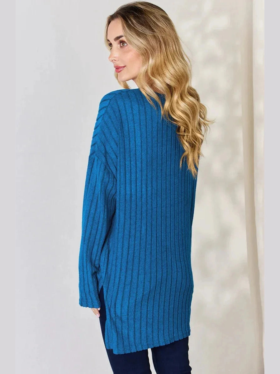 Basic Bae Full Size Ribbed Half Button Long Sleeve High-Low T-Shirt -- 