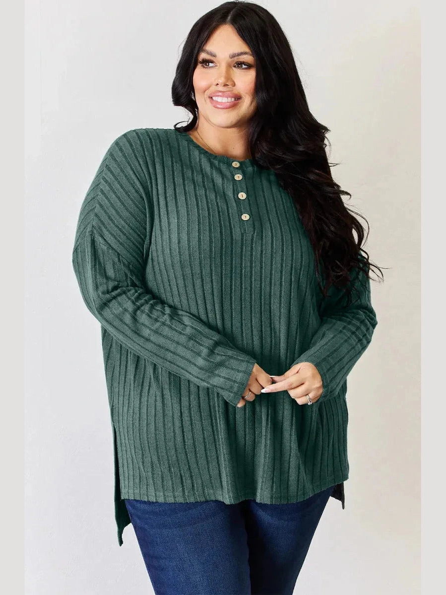 Basic Bae Full Size Ribbed Half Button Long Sleeve High-Low T-Shirt -- 