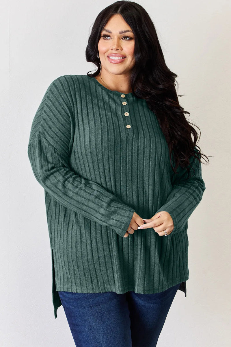 Basic Bae Full Size Ribbed Half Button Long Sleeve High - Low T-Shirt - Hopeford Streams